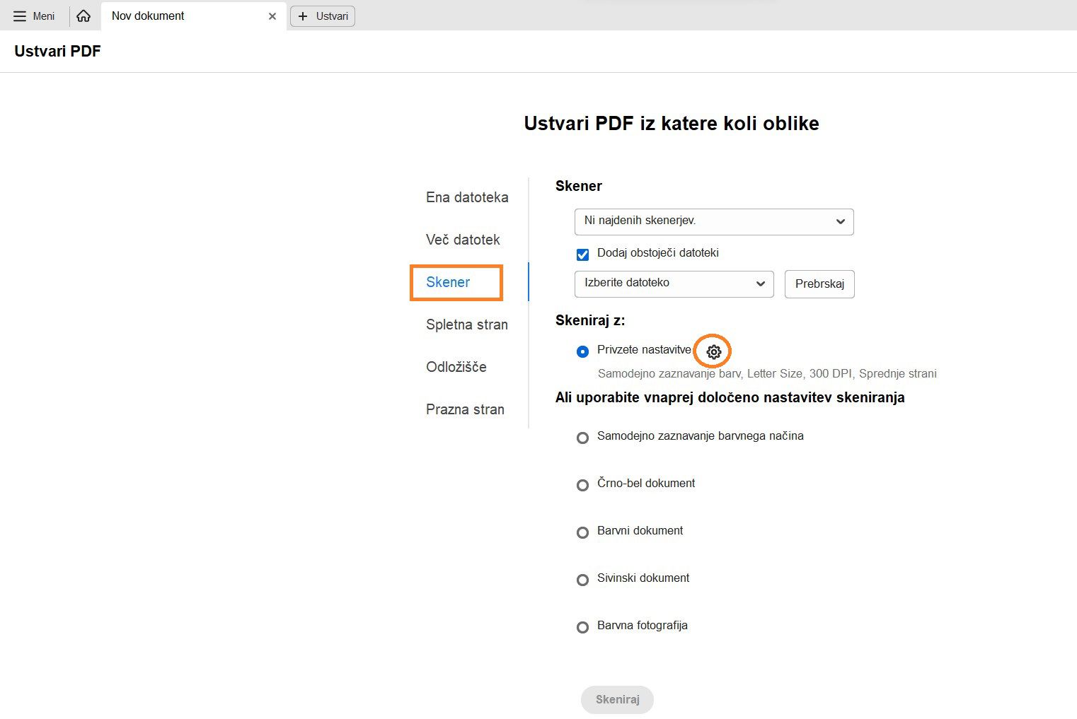 Možnosti za skeniranje papirnatega dokumenta v PDF  so prikazane
