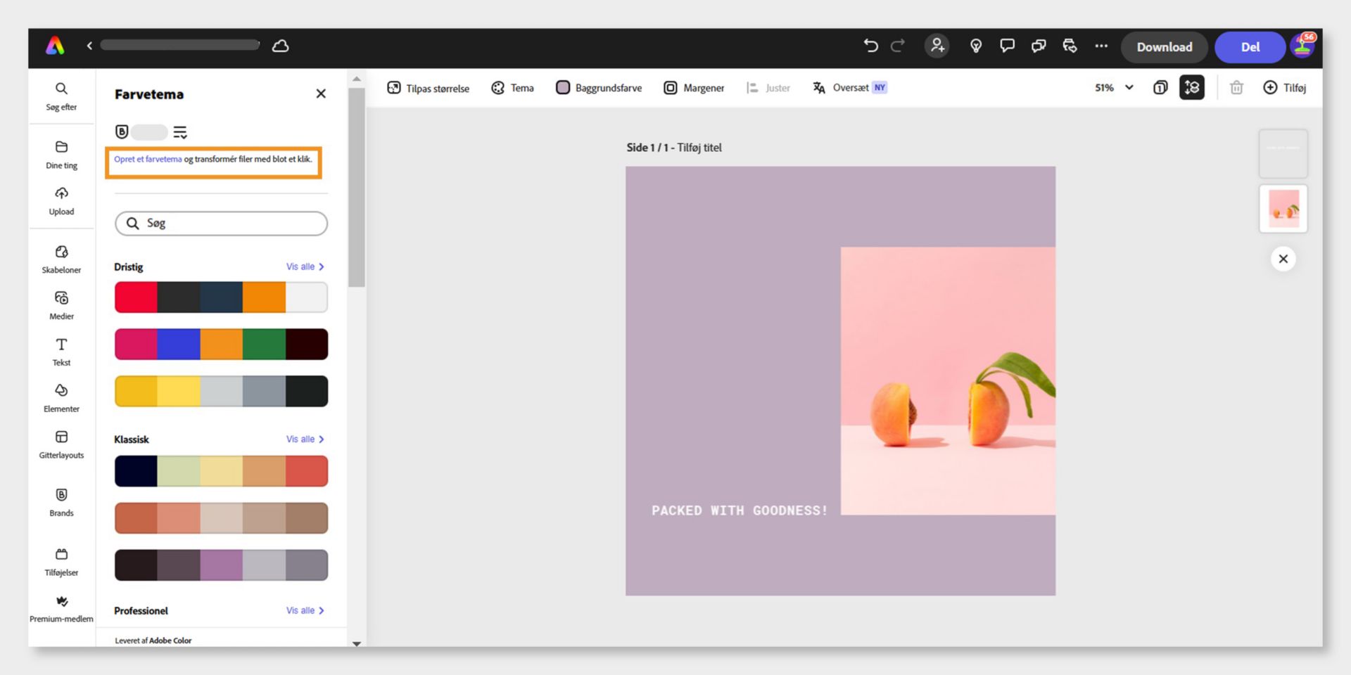 Et design, der er åbent i Adobe Express-editoren, hvor der står &quot;propfyldt med godhed.&quot; En fersken skæres i to halvdele på en lys lilla baggrundsnuance.