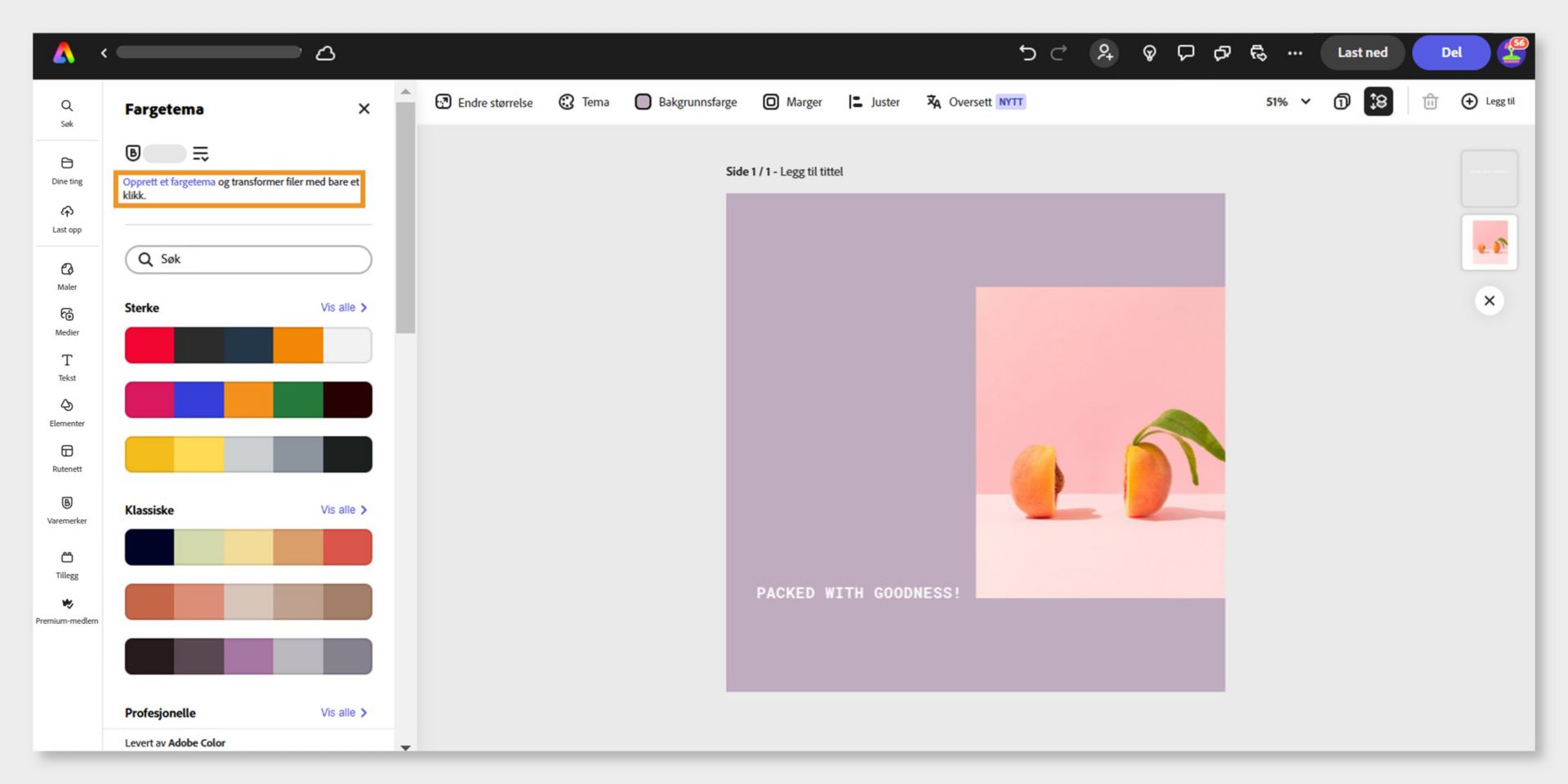 Et design som er åpnet i Adobe Express-redigeringsprogrammet, og har tittelen &quot;Packed with goodness&quot;. En fersken delt i to med en lyselilla skygge i bakgrunnen.