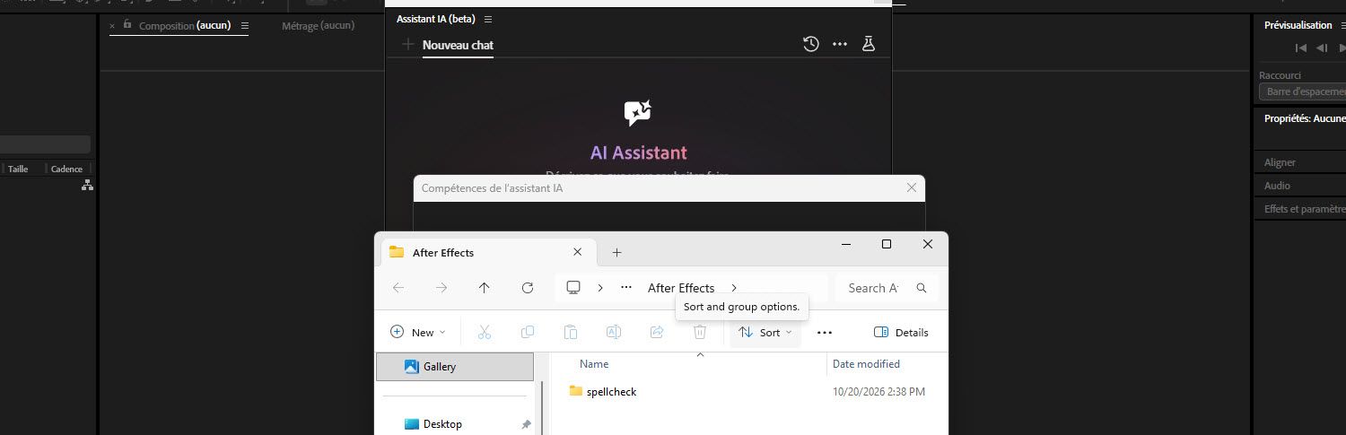 Fenêtre Finder ouverte sur le dossier AfterEffects, contenant un seul dossier nommé spell-check, devant la boîte de dialogue AI Assistant Skills et le panneau assistant IA.