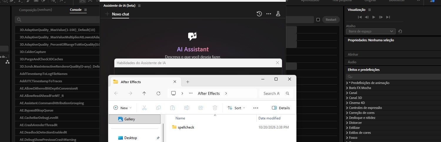 Janela do Finder aberta na pasta AfterEffects, contendo uma única pasta chamada spell-check, na frente da caixa de diálogo Habilidades do Assistente de IA e do painel do Assistente de IA.