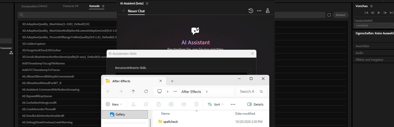 Geöffnetes Finder-Fenster mit dem Ordner „AfterEffects“, der einen einzelnen Ordner mit dem Namen „spell-check“ enthält, vor dem Dialogfeld „KI-Assistent-Skills“ und dem Bedienfeld „KI-Assistent“.