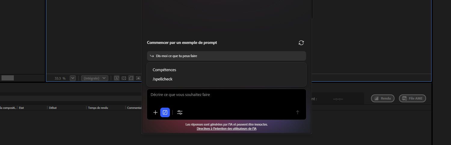Panneau assistant IA avec le menu Compétences ouvert et une infobulle sur /project-cleanup expliquant comment il réalise un audit d’un projet.