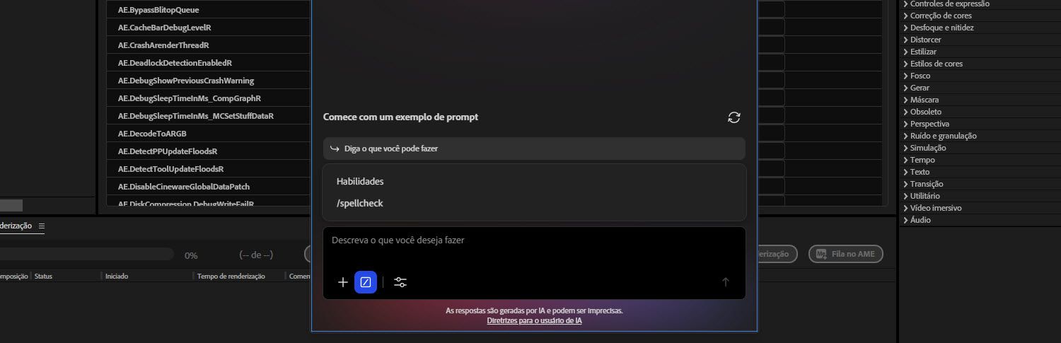 Painel do Assistente de IA com o menu Habilidades aberto e uma dica de ferramenta em /project-cleanup descrevendo como ele faz a auditoria de um projeto.