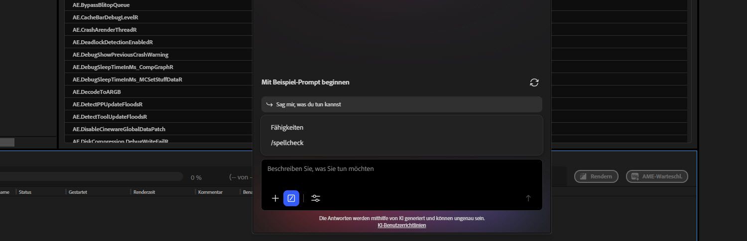 Das Bedienfeld „KI-Assistent“ mit geöffnetem „Skills“-Menü und einem Tooltip zu /project-cleanup, der erklärt, wie damit ein Projekt überprüft wird.