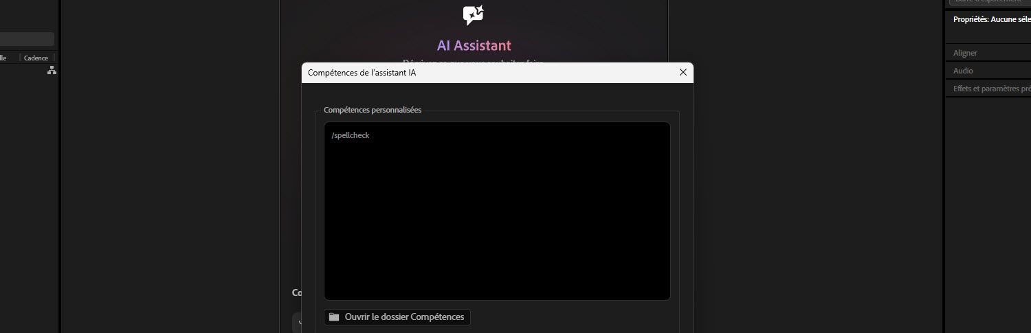 Boîte de dialogue Compétences de l’assistant IA dans After Effects affichant une liste Compétences personnalisées avec quatre compétences : /loop-animation, /spell-check, /project-cleanup et /rename-layers, ainsi qu’un bouton Ouvrir le dossier Compétences.