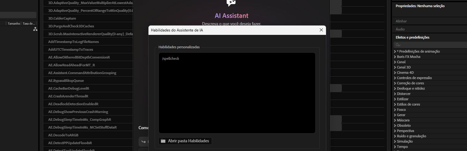 Caixa de diálogo Habilidades do Assistente de IA no After Effects mostrando uma lista de habilidades personalizadas com quatro habilidades: /loop-animation, /spell-check, /project-cleanup e /rename-layers, e um botão Abrir pasta de habilidades.