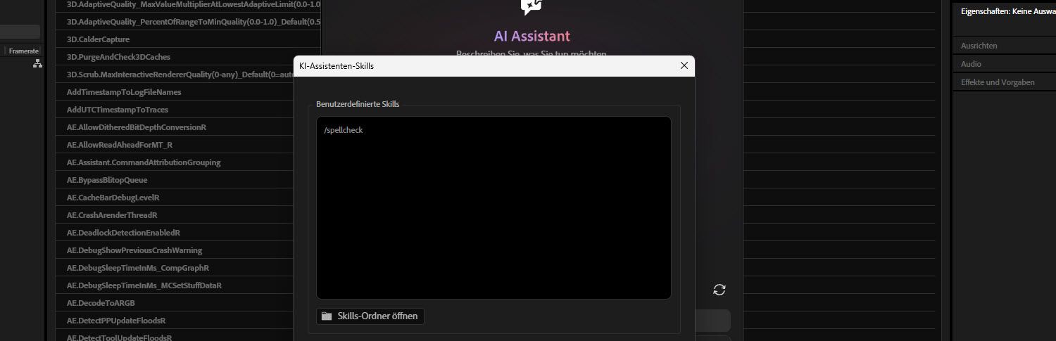 Dialogfeld „KI-Assistent-Skills“ in After Effects mit einer Liste „Benutzerdefinierte Skills“ mit vier Skills: /loop-animation, /spell-check, /project-cleanup und /rename-layers sowie einer Schaltfläche zum Öffnen des Ordners „Skills“.
