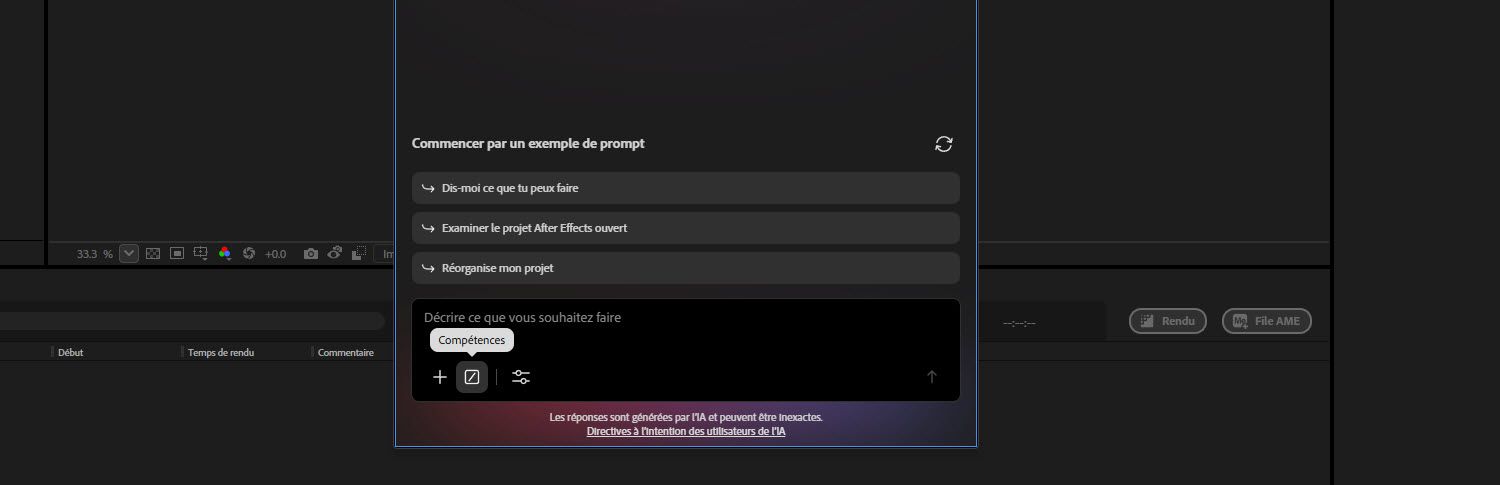 Le panneau Assistant IA est ouvert et le bouton Compétence est mis en surbrillance dans la barre de prompt.