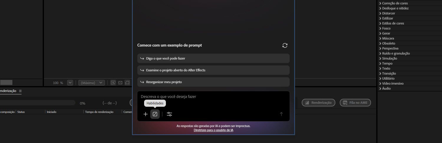 O painel do Assistente de IA está aberto e o botão Habilidade está destacado na barra de prompt.