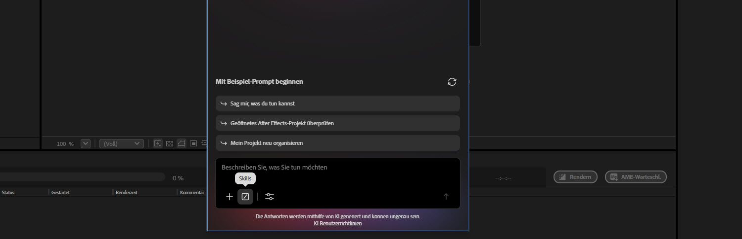 Das Bedienfeld „KI-Assistent“ ist geöffnet und der Skill-Button ist in der Prompt-Leiste hervorgehoben.