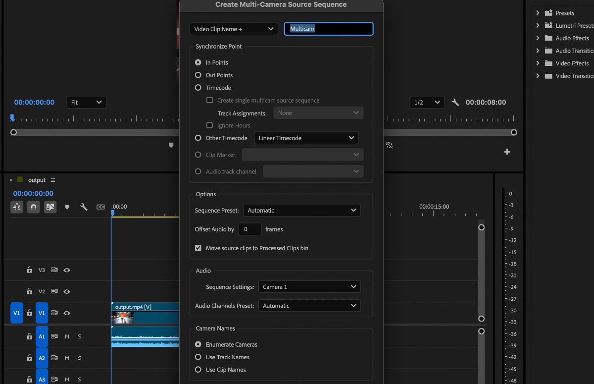 La finestra di dialogo Crea sequenza sorgente multicamera in Adobe Premiere Pro è aperta e presenta opzioni che puoi regolare e che ti consentono di creare una sequenza multicamera selezionando più clip e scegliendo un metodo di sincronizzazione.Puoi anche personalizzare i nomi delle videocamere, le impostazioni audio e i predefiniti di sequenza.