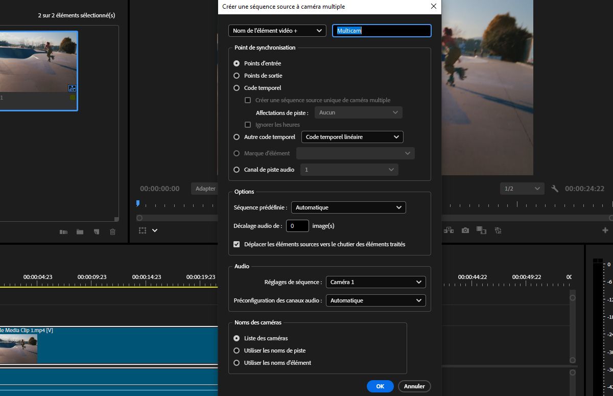 La boîte de dialogue Créer une séquence source multicaméras dans Adobe Premiere Pro est ouverte et propose des options que vous pouvez ajuster pour créer une séquence multicaméras en sélectionnant plusieurs clips et en choisissant une méthode de synchronisation.Vous pouvez également personnaliser les noms des caméras, les paramètres audio et les paramètres prédéfinis de séquence.