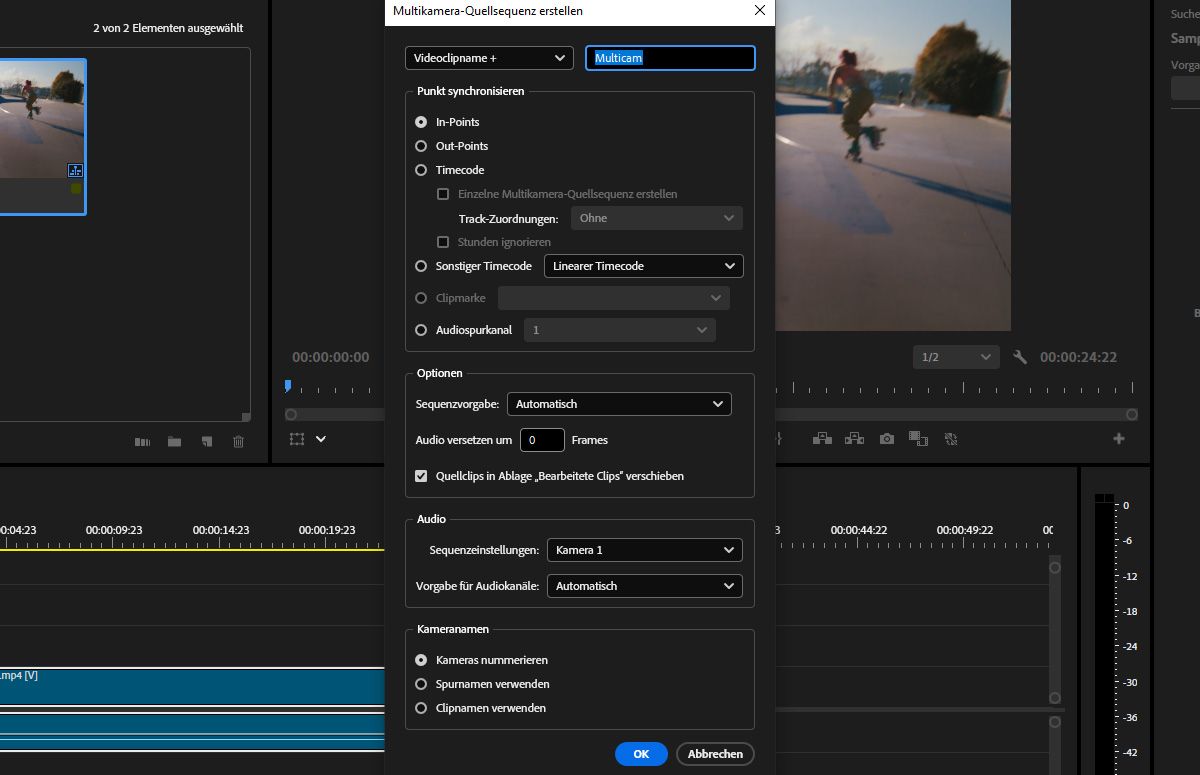 Das Dialogfeld „Multikamera-Quellsequenz erstellen“ in Adobe Premiere Pro ist geöffnet und enthält Optionen, die du anpassen kannst, um eine Multikamera-Sequenz zu erstellen, indem du mehrere Clips auswählst und eine Synchronisationsmethode wählst.Du kannst auch Kameranamen, Audio-Einstellungen und Sequenzvorgaben anpassen.