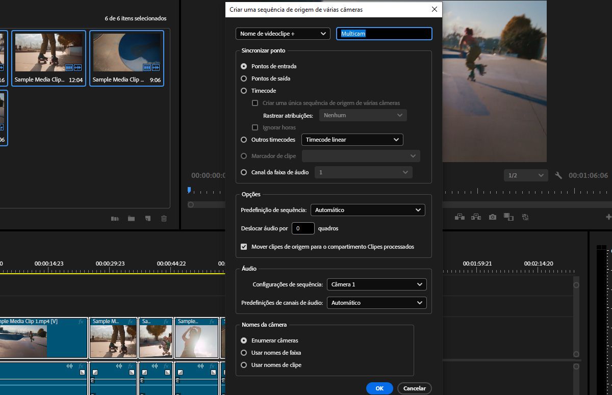 A caixa de diálogo “Criar sequência de origem multicâmeras” no Adobe Premiere Pro é aberta, com opções que você pode ajustar e que permitem criar uma sequência multicâmeras, selecionando-se vários clipes e escolhendo-se um método de sincronização. Você também pode personalizar nomes de câmeras, configurações de áudio e predefinições de sequência.