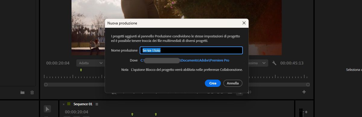 La finestra di dialogo Nuova Produzione è aperta con l'opzione per specificare il nome e la posizione per il nuovo progetto Produzione.