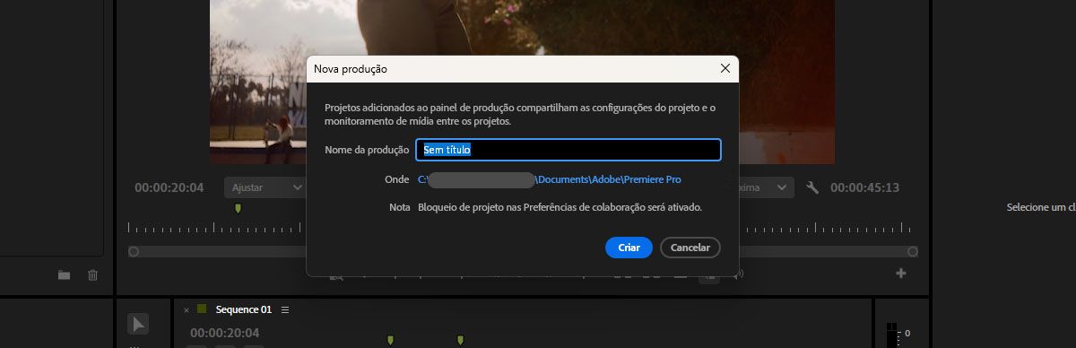 A caixa de diálogo Nova Produção está aberta com a opção de especificar o nome e o local do novo projeto de Produção.