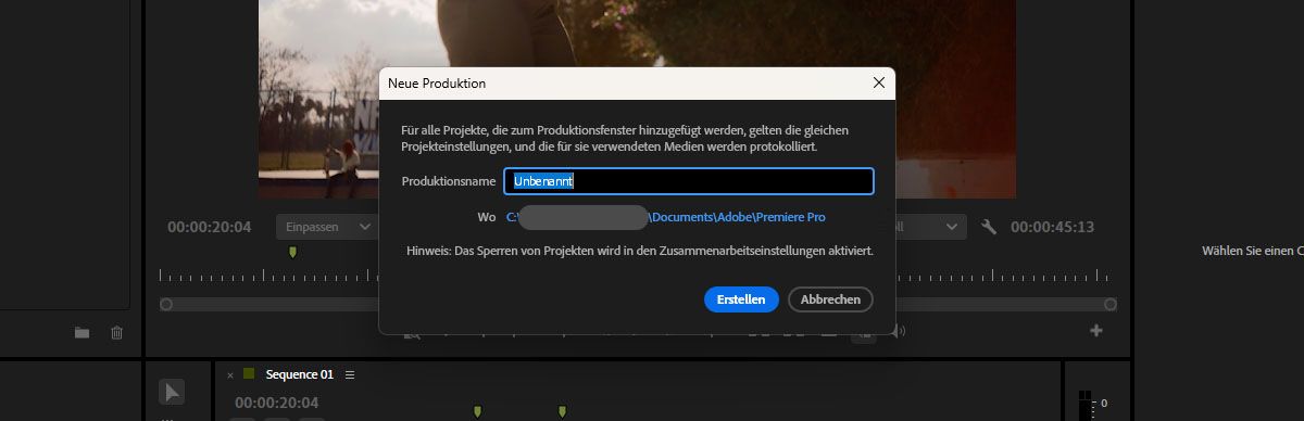 Das Dialogfeld „Neue Produktion“ ist geöffnet und bietet die Möglichkeit, den Namen und Speicherort für das neue Produktionsprojekt anzugeben.