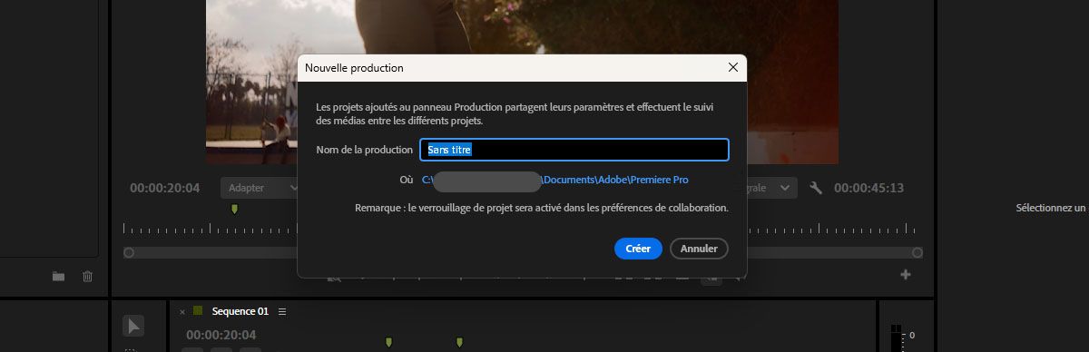La boîte de dialogue Nouvelle production est ouverte avec l'option permettant de spécifier le nom et l'emplacement du nouveau projet de production.