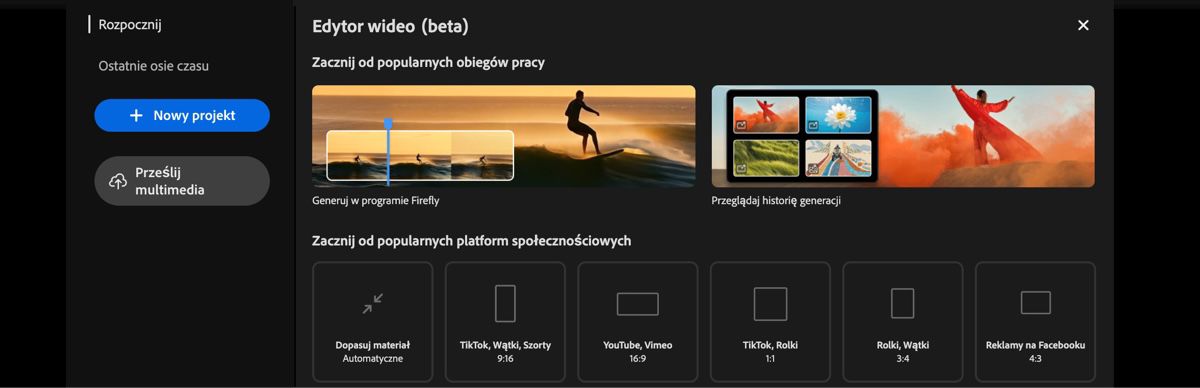Na stronie Edytor wideo, w sekcji Zacznij coś nowego, znajdują się opcje przesyłania multimediów, wyboru spośród popularnych rozmiarów, aby rozpocząć pracę, oraz rozpoczęcia nowego, pustego projektu. 