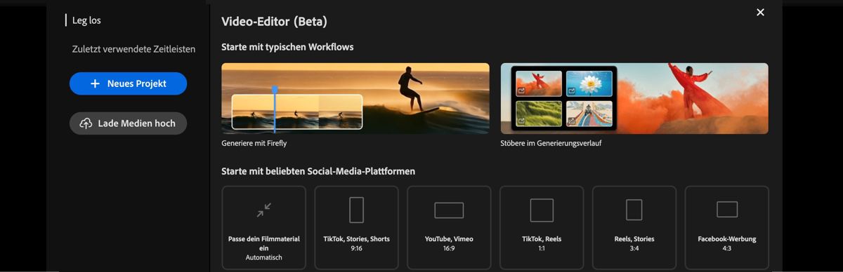Auf der Seite „Video-Editor“ gibt es im Bereich „Etwas Neues beginnen&quot; Optionen zum Hochladen von Medien, zum Auswählen beliebter Formate für die ersten Schritte und zum Erstellen eines neuen, leeren Projekts. 
