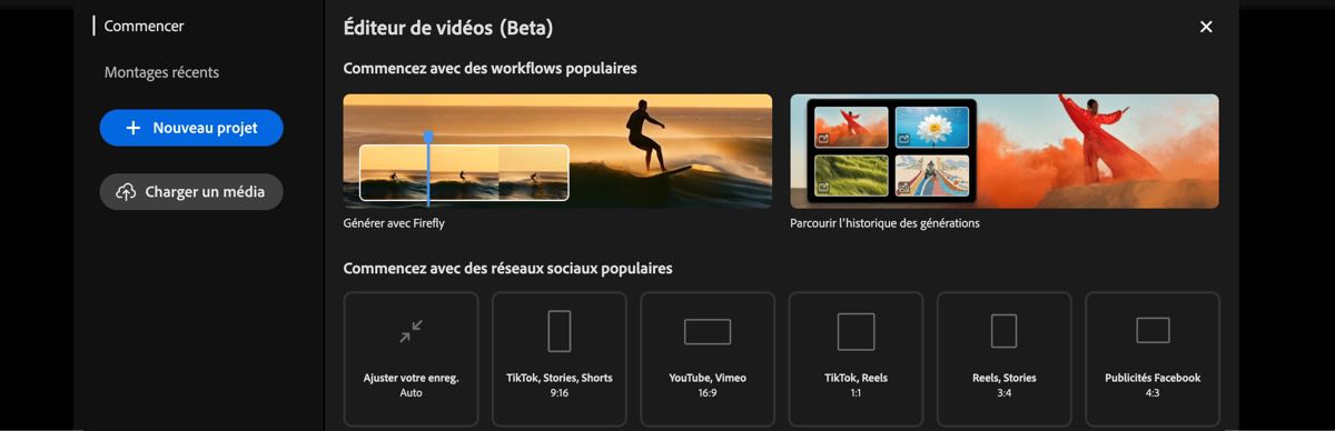 Sur la page de l’éditeur de vidéo, sous la section Commencer, vous trouverez des options pour charger un média, sélectionner entre plusieurs formats populaires pour commencer, et démarrer un nouveau projet vide. 