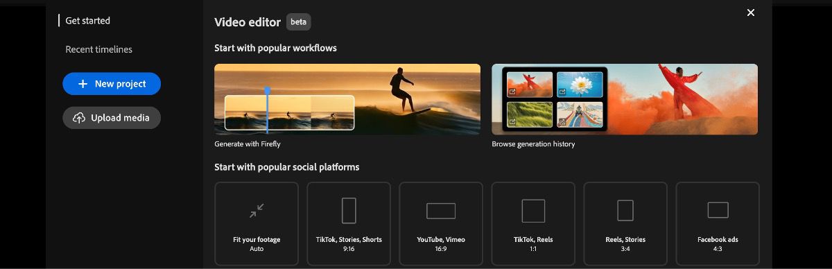 On the Video Editor page, under the Start something new section, there are options to upload media, select from some popular dimensions to get started with, and start a new, empty project. 