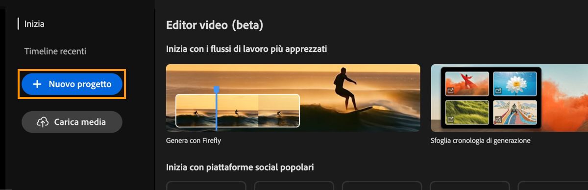 La schermata iniziale dell'Editor video mostra il prompt Introduzione con evidenziato il pulsante Nuovo progetto.