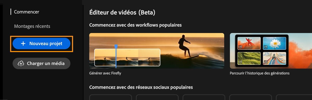 La page d’accueil de l’éditeur de vidéo affiche la fenêtre Commencer avec le bouton Nouveau projet mis en évidence.