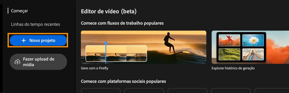A tela inicial do editor de vídeo exibe o prompt Iniciar com destaque sobre o botão Novo projeto.