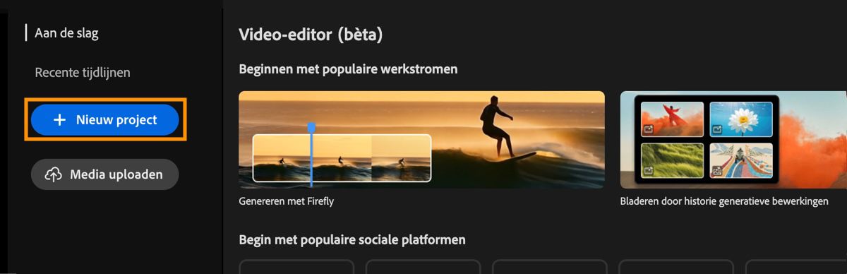 Video-editor startscherm toont de prompt Aan de slag met een markering boven de knop Nieuw project.