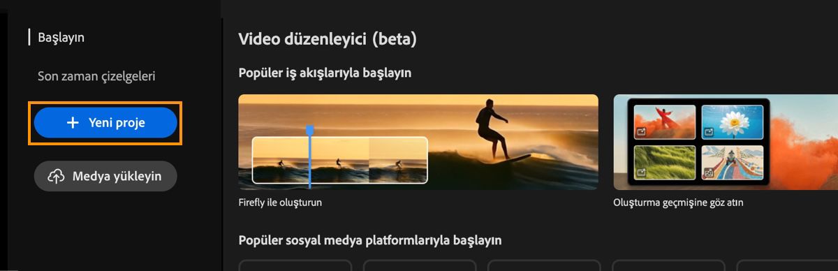 Video düzenleyici ana ekranı, Yeni proje düğmesi üzerinde vurgulanmış Başlayın istemini görüntüler.