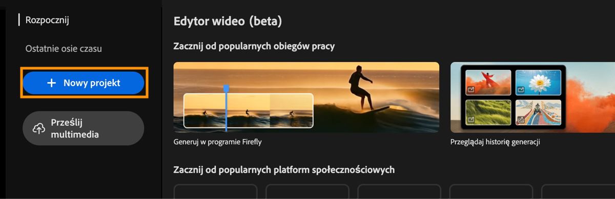 Ekran główny edytora wideo wyświetla monit Rozpocznij pracę z podświetlonym przyciskiem Nowy projekt.
