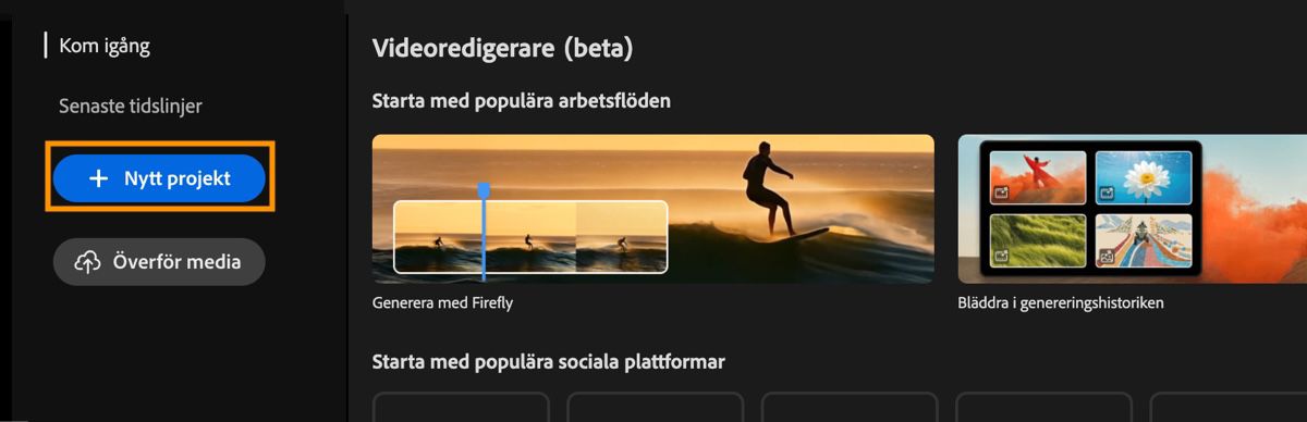 Videoredigerarens hemskärm visar Kom igång-beskrivningen med en markering över knappen Nytt projekt.