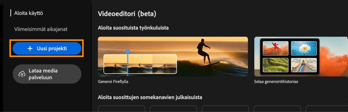 Video editorin aloitusnäyttö näyttää Get started -kehotteen, jossa New project -painike on korostettu.