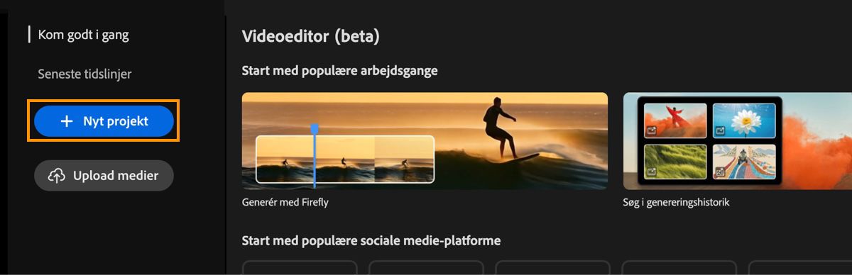 Videoeditorens startskærm viser Kom i gang-prompten med fremhævning af knappen Nyt projekt.