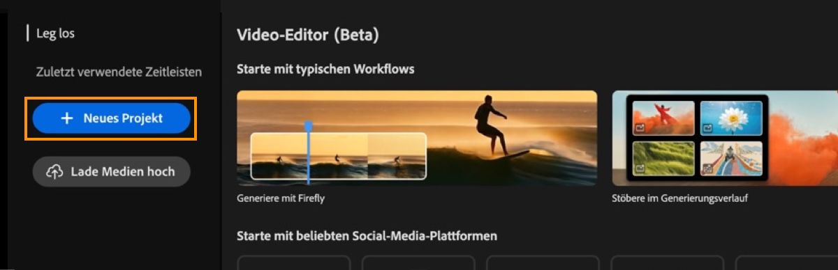 Auf dem Startbildschirm des Video-Editors wird die Beschreibung „Erste Schritte“ angezeigt, die Schaltfläche „Neues Projekt“ ist hervorgehoben.
