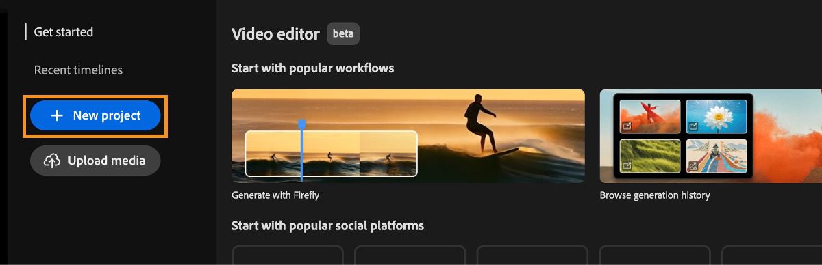 Video editor home screen displays the Get started prompt with a highlight over the New project button.