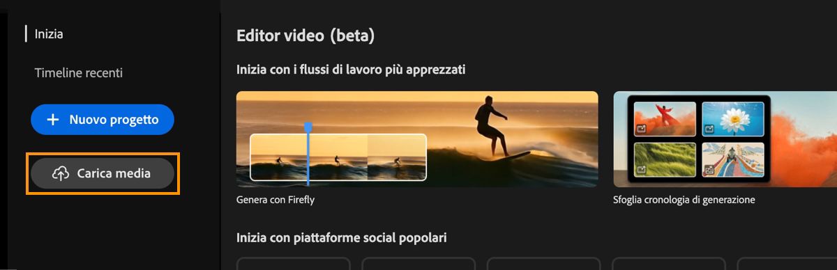 La schermata iniziale dell'Editor video mostra il prompt Introduzione con evidenziato il pulsante Carica.