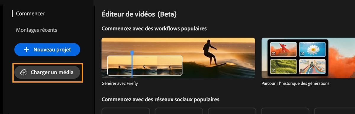 La page d’accueil de l’Éditeur de vidéos présente la fenêtre Commencer avec le bouton Charger mis en évidence.