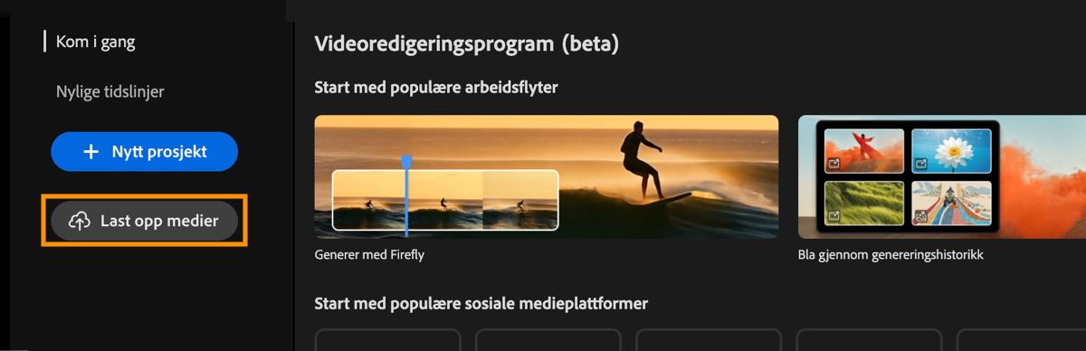 Startskjermen for videoredigeringsprogrammet viser Kom i gang-oppfordringen med Last opp-knappen fremhevet.