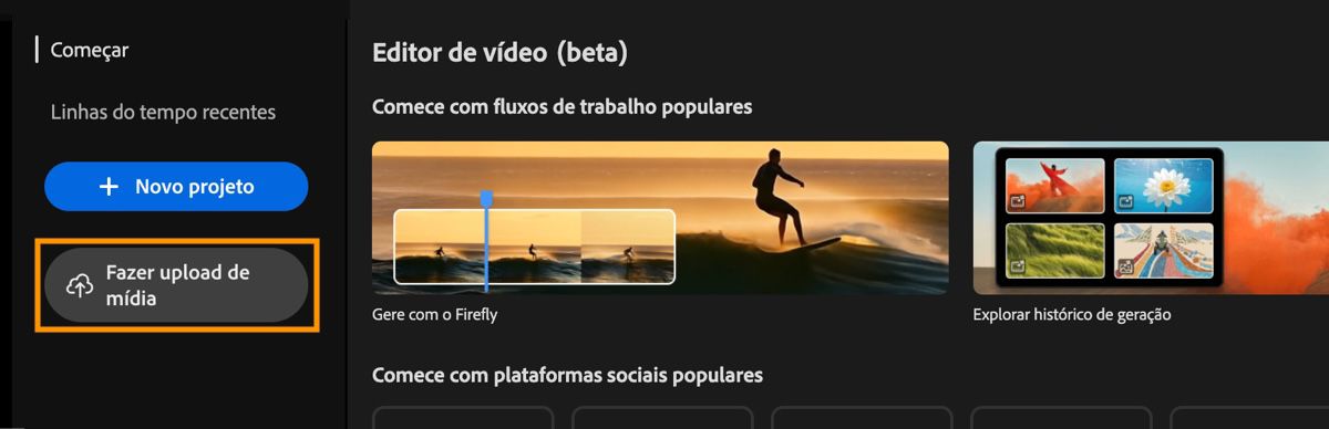 A tela inicial do editor de vídeo exibe o prompt Iniciar com destaque sobre o botão Fazer upload.