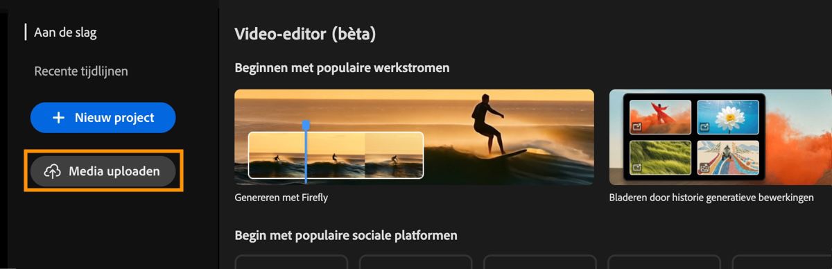 Video-editor startscherm toont de prompt Aan de slag met een markering boven de knop Upload.