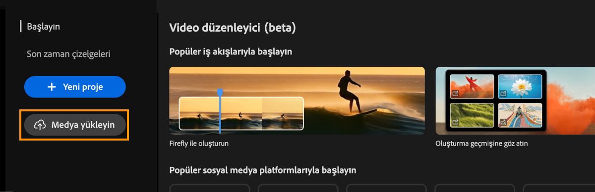 Video düzenleyici ana ekranı, Yükle düğmesinin üzeri vurgulanmış şekilde Başlayın istemini görüntüler.