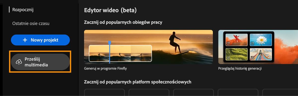 Ekran główny edytora wideo wyświetla polecenie Rozpocznij pracę z podświetlonym przyciskiem Prześlij.