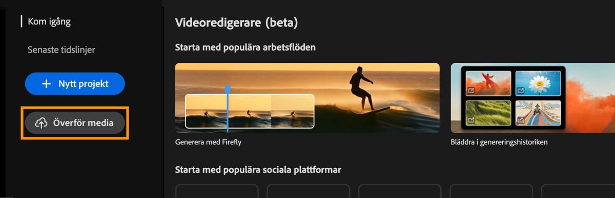 Videoredigerarens hemskärm visar Kom igång-beskrivningen med en markering över knappen Överför.