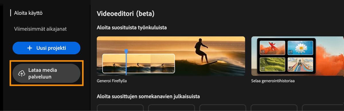 Video editorin aloitusnäyttö näyttää Get started -kehotteen, jossa Upload-painike on korostettu.