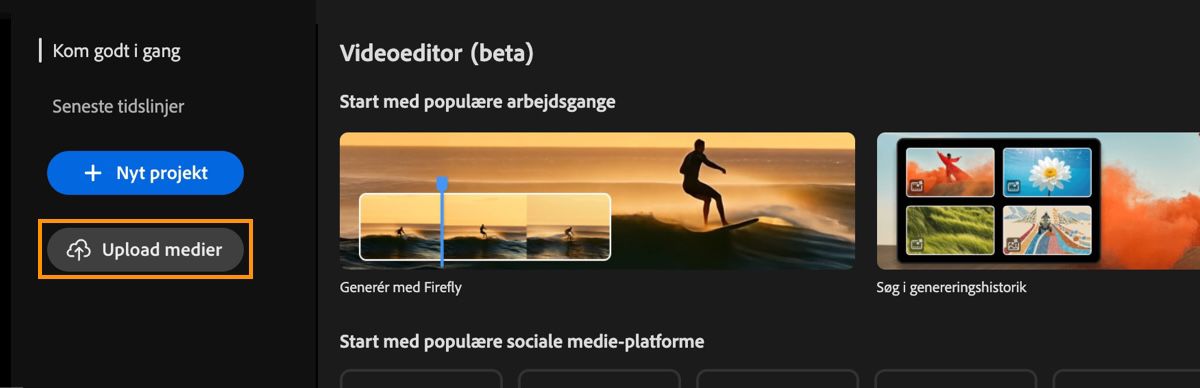 Videoeditorens startskærm viser Kom i gang-prompten med fremhævning af knappen Upload.