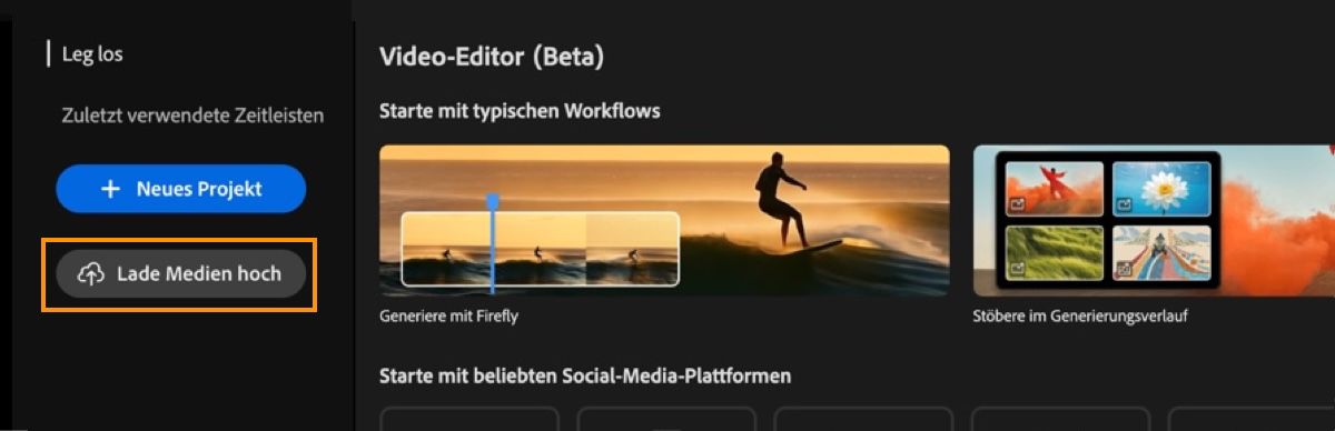 Auf dem Startbildschirm des Video-Editors wird die Beschreibung „Erste Schritte“ angezeigt, die Schaltfläche „Upload“ ist hervorgehoben.