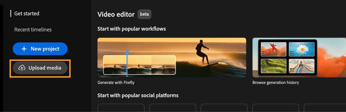 Video editor home screen displays the Get started prompt with a highlight over the Upload button.